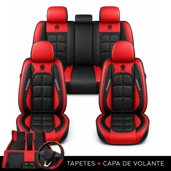 Kit Completo de Capas para Banco de Carro Velox em Couro Legítimo Universal 5 Lugares Com Airbag + Tapetes e Capa de Volante