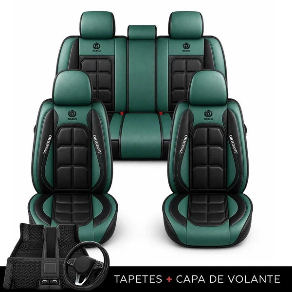 Kit Completo de Capas para Banco de Carro Velox em Couro Legítimo Universal 5 Lugares Com Airbag + Tapetes e Capa de Volante