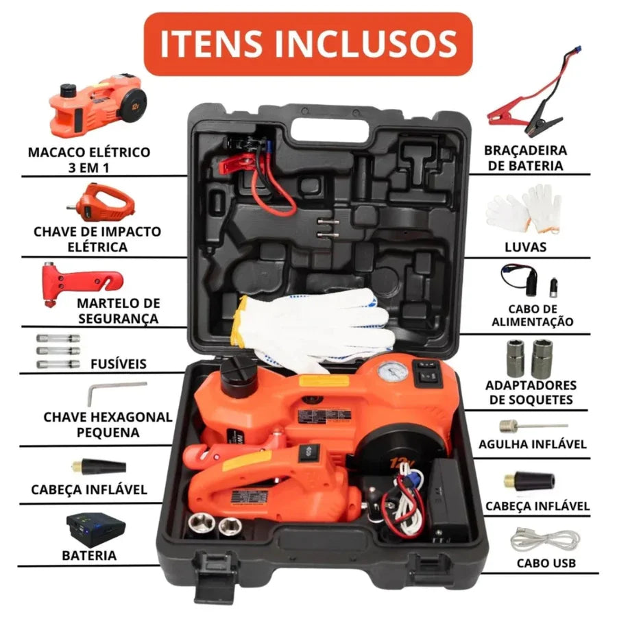 KIT DE EMERGÊNCIA - Macaco Hidráulico Elétrico 5 em 1