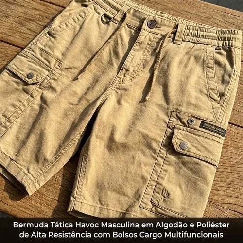 [Leve 4. Pague Só 2] Bermuda Tática Havoc Masculina em Algodão e Poliéster de Alta Resistência com Bolsos Cargo Multifuncionais