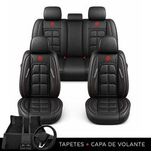 Kit Completo de Capas para Banco de Carro Velox em Couro Legítimo Universal 5 Lugares Com Airbag + Tapetes e Capa de Volante