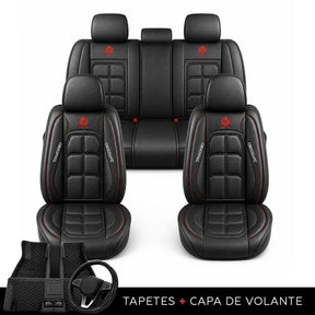 Kit Completo de Capas para Banco de Carro Velox em Couro Legítimo Universal 5 Lugares Com Airbag + Tapetes e Capa de Volante