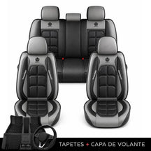 Kit Completo de Capas para Banco de Carro Velox em Couro Legítimo Universal 5 Lugares Com Airbag + Tapetes e Capa de Volante