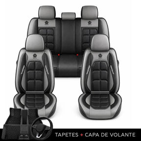 Kit Completo de Capas para Banco de Carro Velox em Couro Legítimo Universal 5 Lugares Com Airbag + Tapetes e Capa de Volante