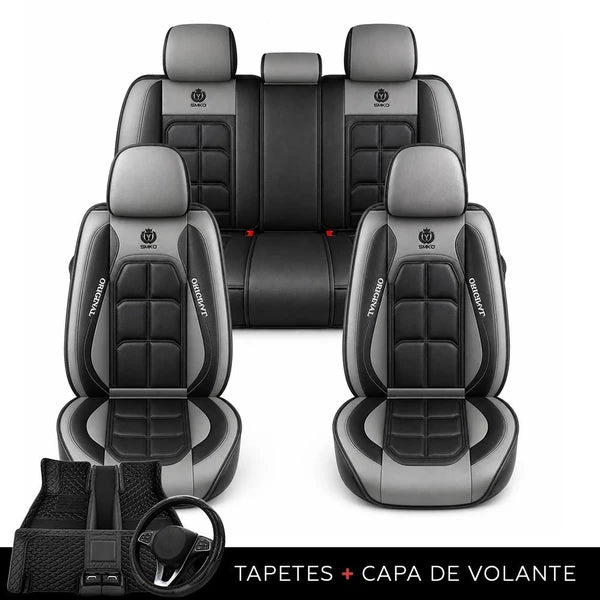 Kit Completo de Capas para Banco de Carro Velox em Couro Legítimo Universal 5 Lugares Com Airbag + Tapetes e Capa de Volante