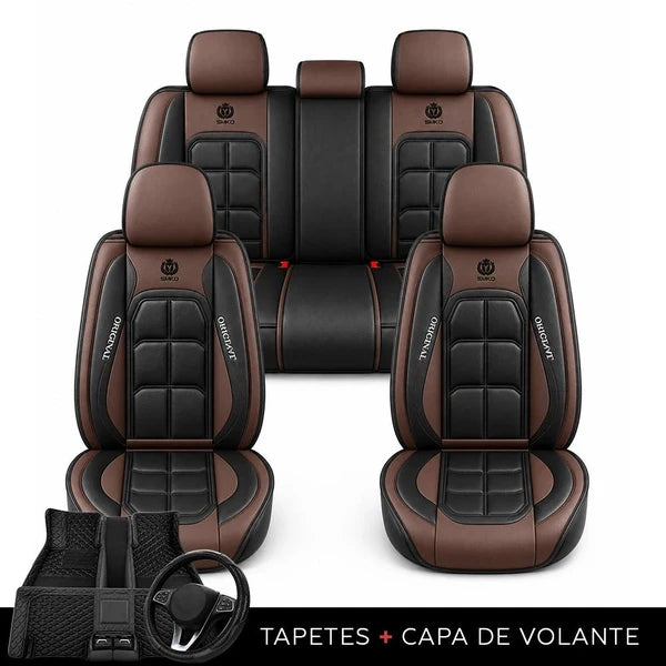 Kit Completo de Capas para Banco de Carro Velox em Couro Legítimo Universal 5 Lugares Com Airbag + Tapetes e Capa de Volante