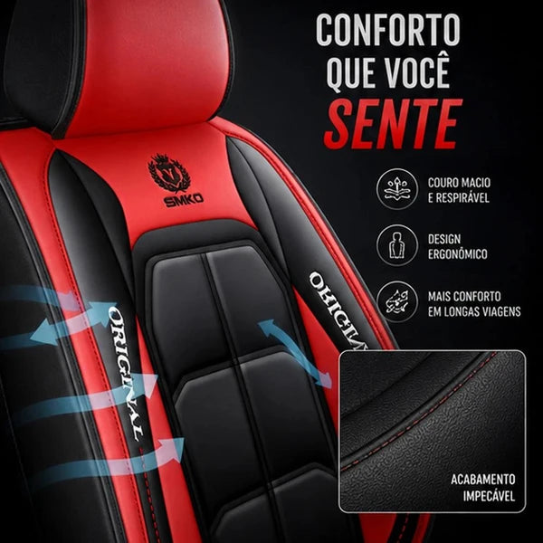 Kit Completo de Capas para Banco de Carro Velox em Couro Legítimo Universal 5 Lugares Com Airbag + Tapetes e Capa de Volante
